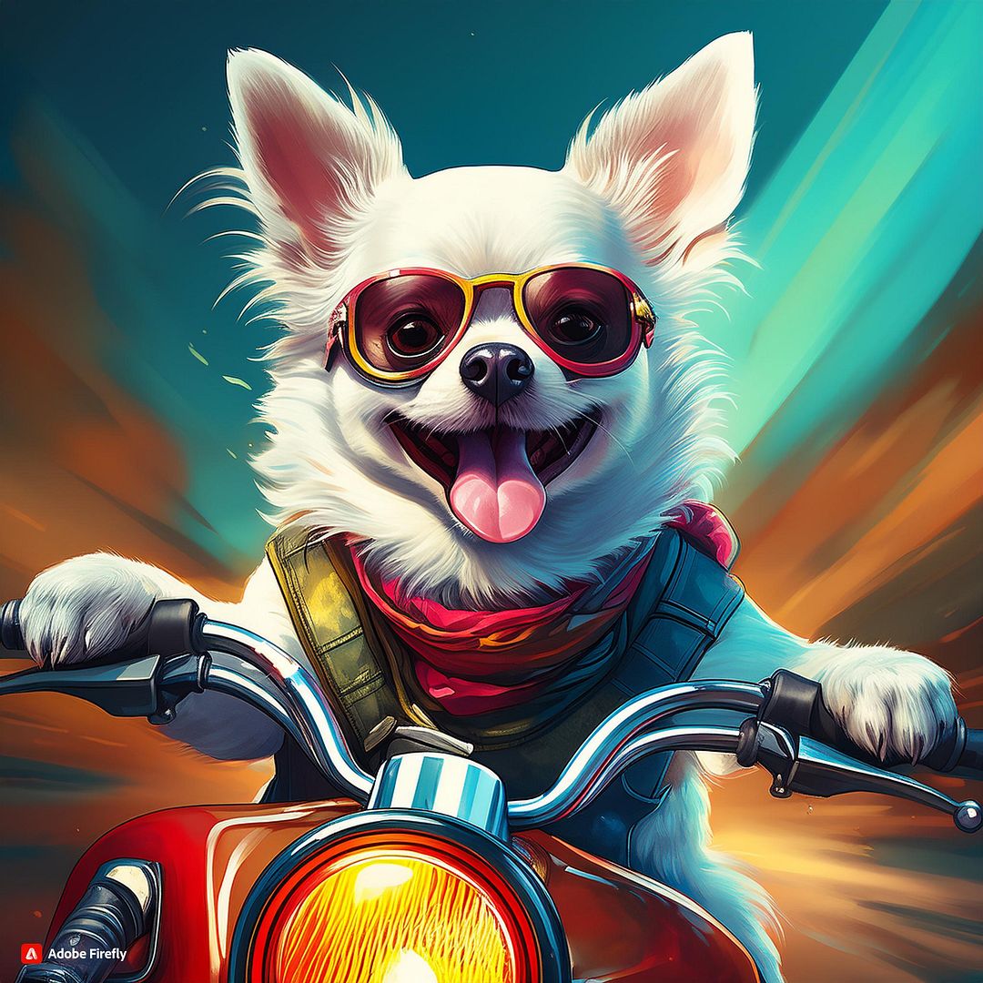 Firefly White Chihuahua with tongue sticking out riding motorcycle