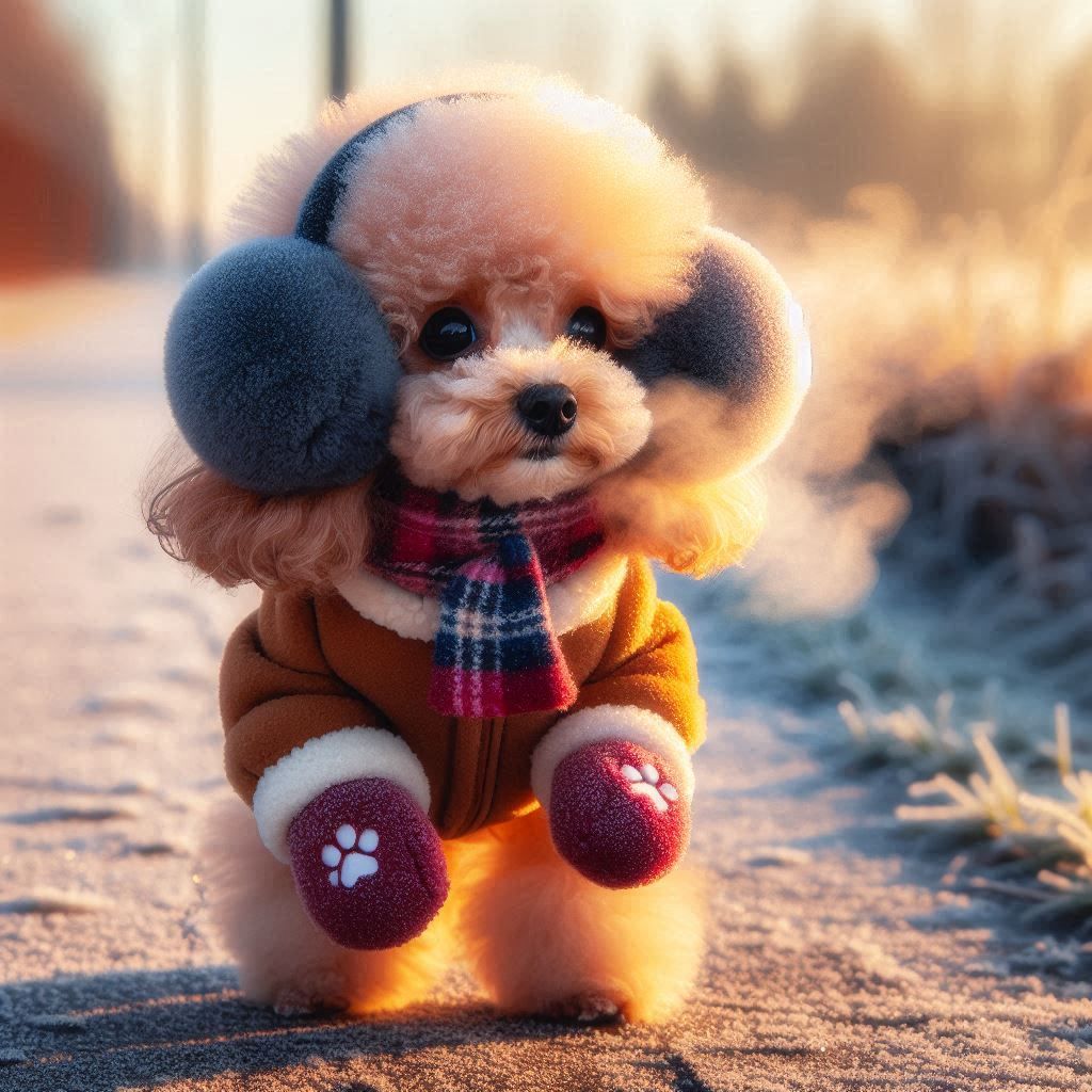 A Toy Poodle walking in the cold morning