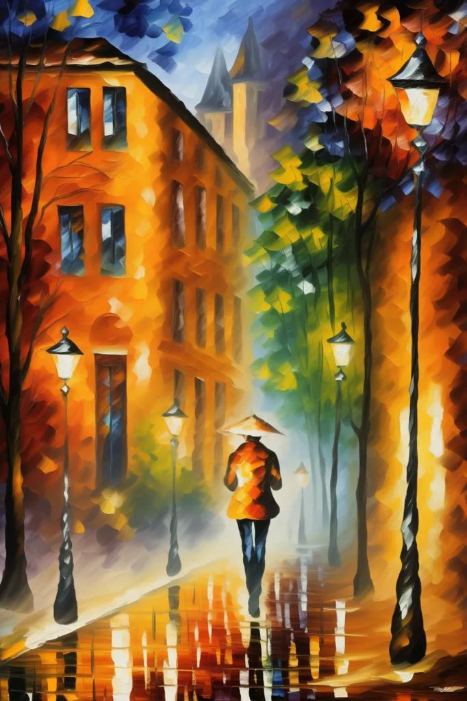 Vibrant city scene with person in red coat and umbrella