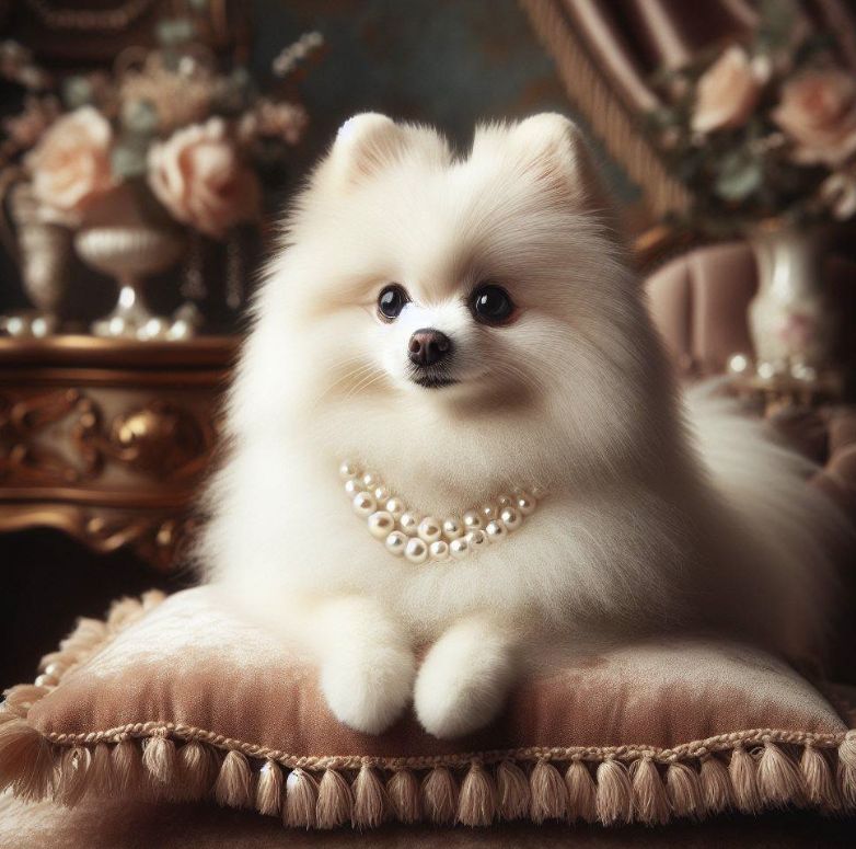 Pomeranian with a pearl necklace