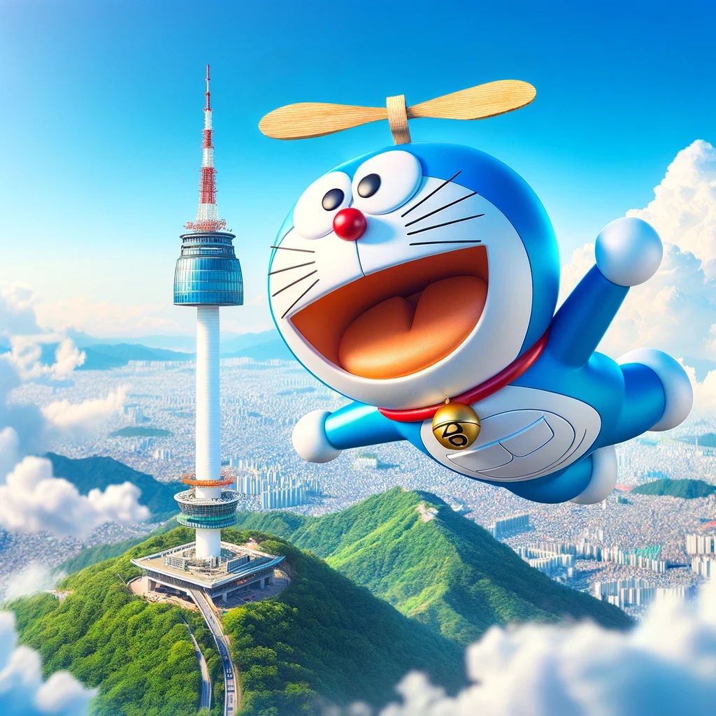 Doraemon Flying Over Namsan Tower