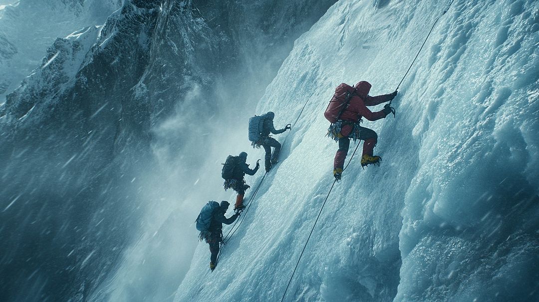 a team climbing an ice wall on Mount Everest