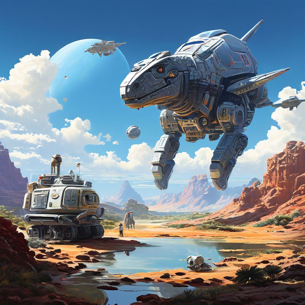 in-the-primitive-landscape-a-spacecraft-is-floating-in-the-sky-and-a-robot-touches-a-dinosaur