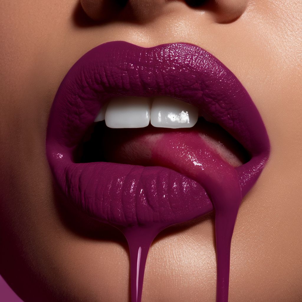 Close-up of lips drenched in a vibrant, glossy magenta tone.