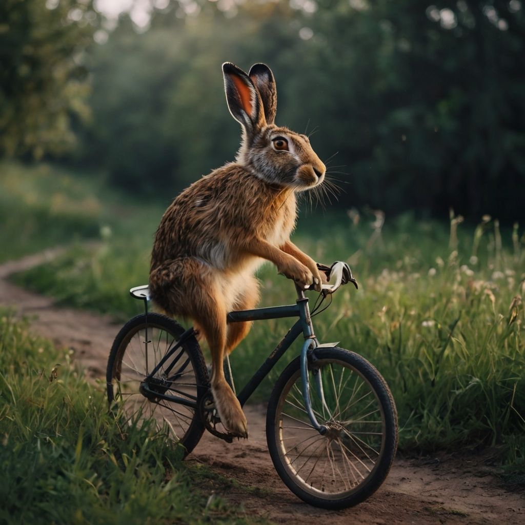 the hare is riding a bicycle