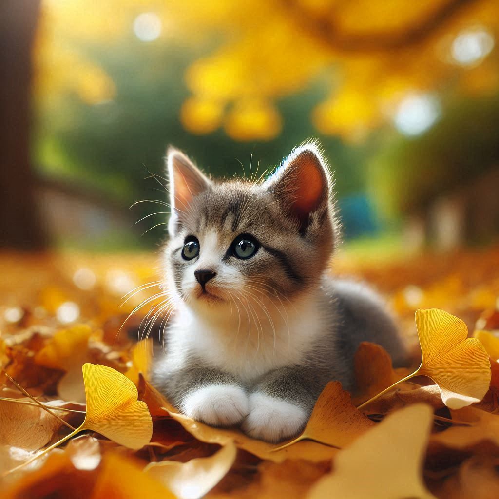 Kitten playing with ginkgo leaves