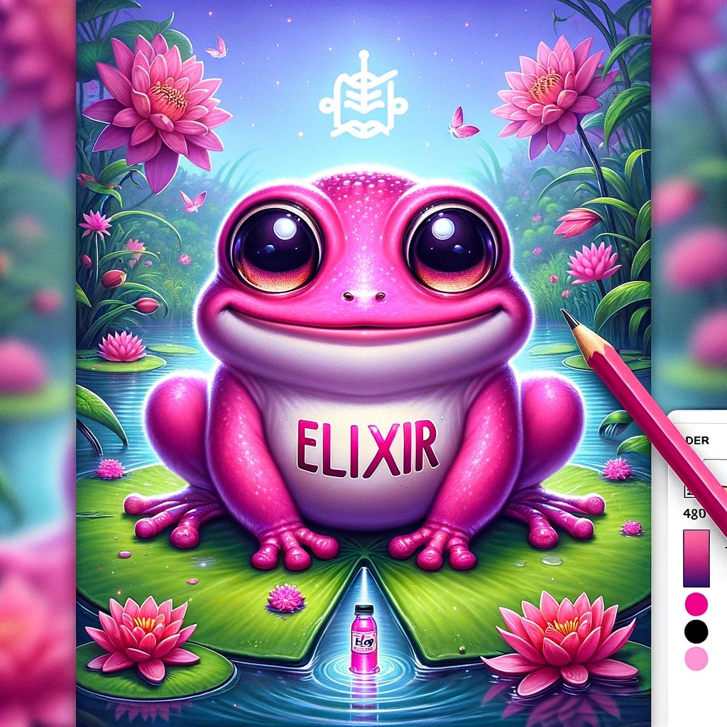 DALL·E 2024-04-11 06.36.31 - Adjust the existing design of the vibrant pink frog character to include the word 'ELIXIR' on its belly, ensuring it is clearly visible and prominentl