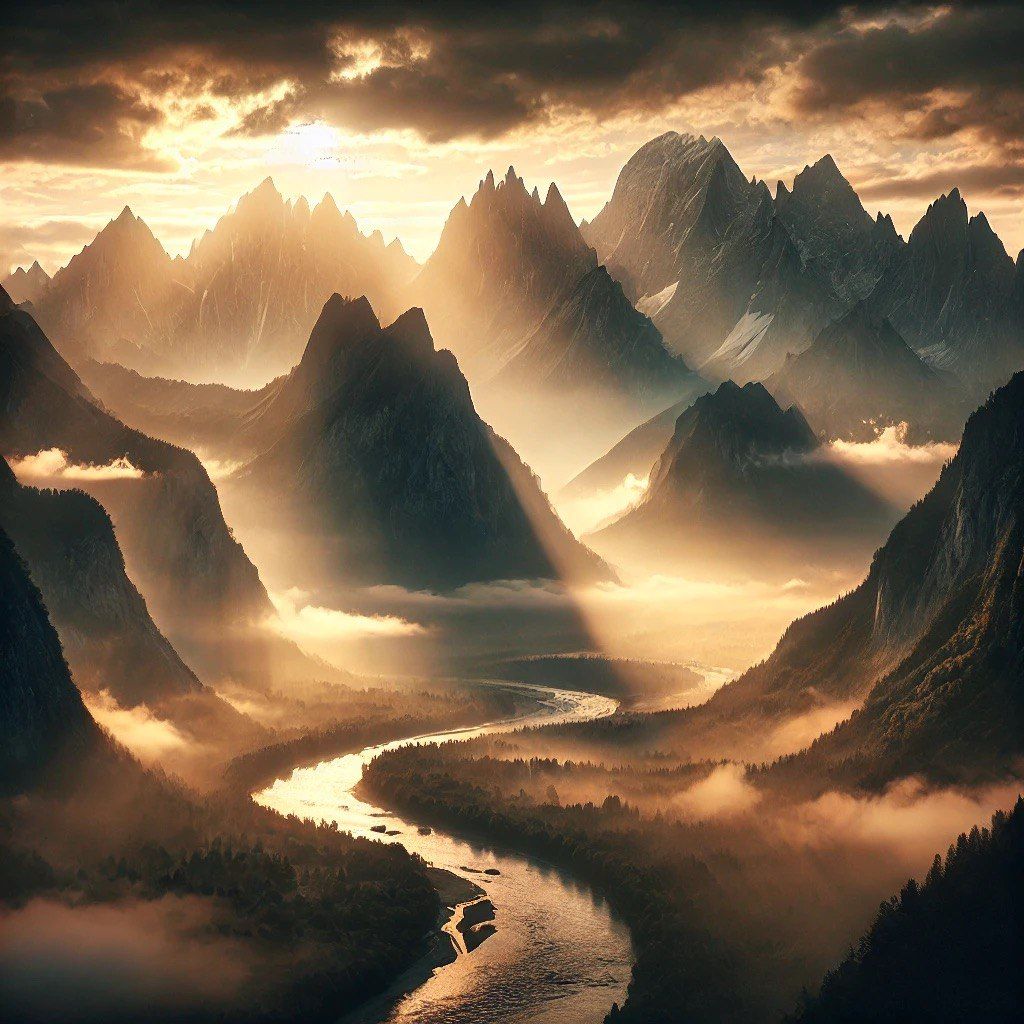 Mystical mountain landscape at sunrise