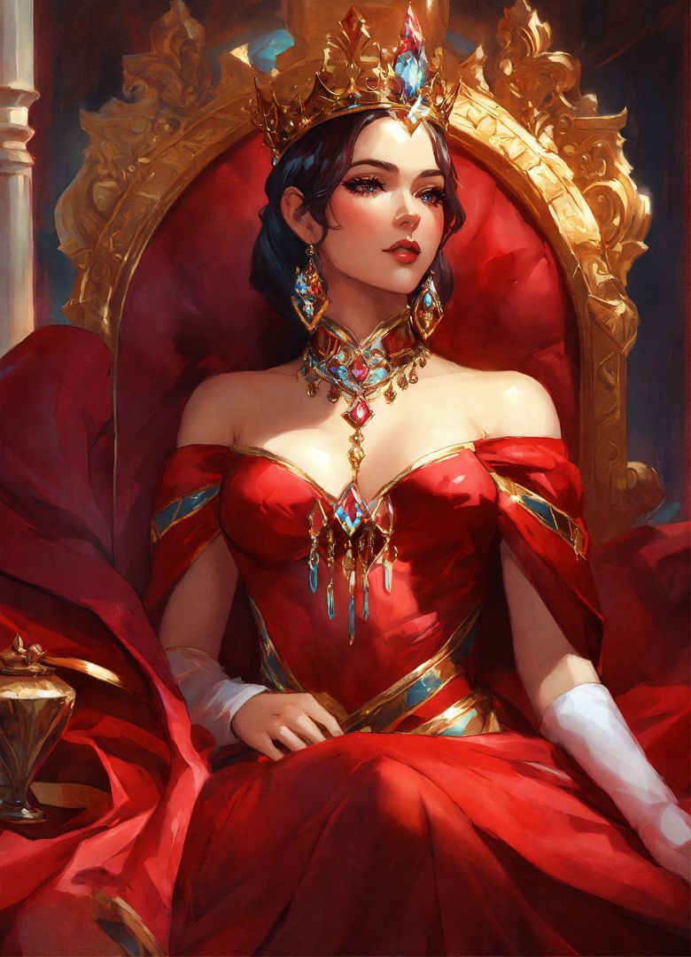 AN EMPRESS with a crystal crown sitting on big red