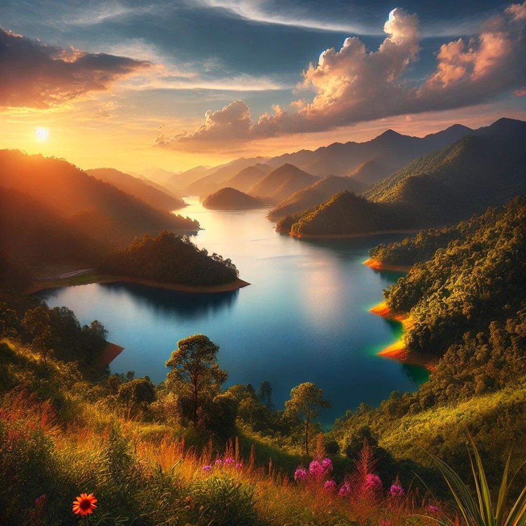 Golden Sunset Over Serene Mountain Lake