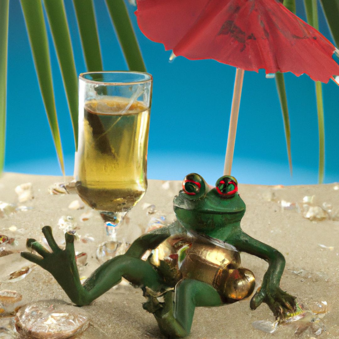 frog enjoying with a cocktail on a beach made of golden dubloons