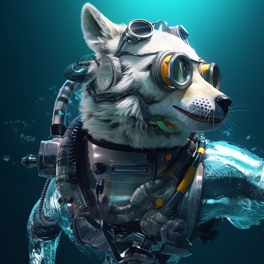 3D cyberpunk humanoid husky, diving under the sea