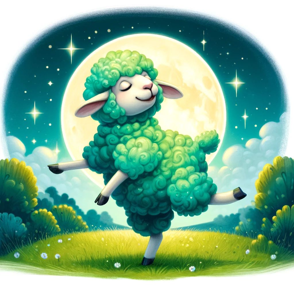 A green sheep dancing in the moonlight