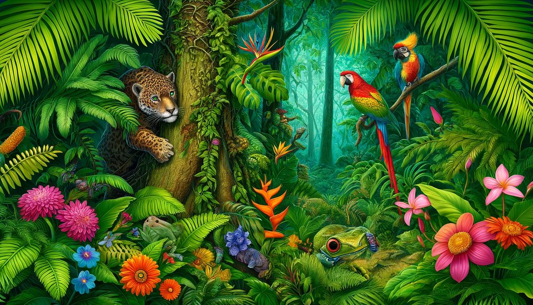 DALL·E 2024-05-14 21.52.34 - A vibrant and dense rainforest scene with various animals hidden among the foliage. A jaguar is partially hidden behind a thick tree trunk, a chameleo