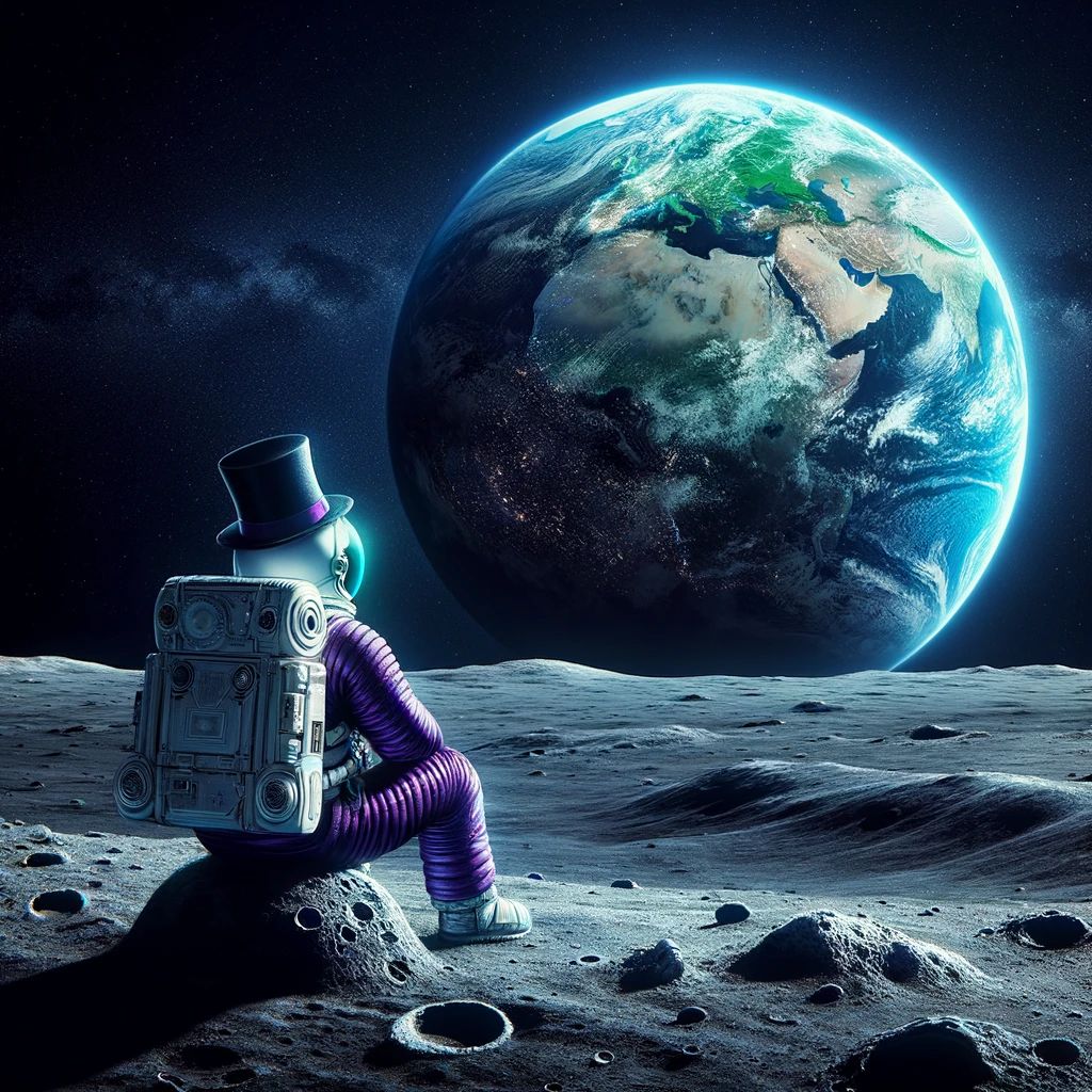 DEGEN sitting on the moon and looking earth