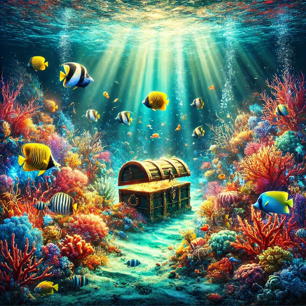 DALL·E 2024-07-15 10.27.03 - A digital artwork depicting a vibrant underwater scene with colorful coral reefs, various species of fish, and a sunken treasure chest. The water is c