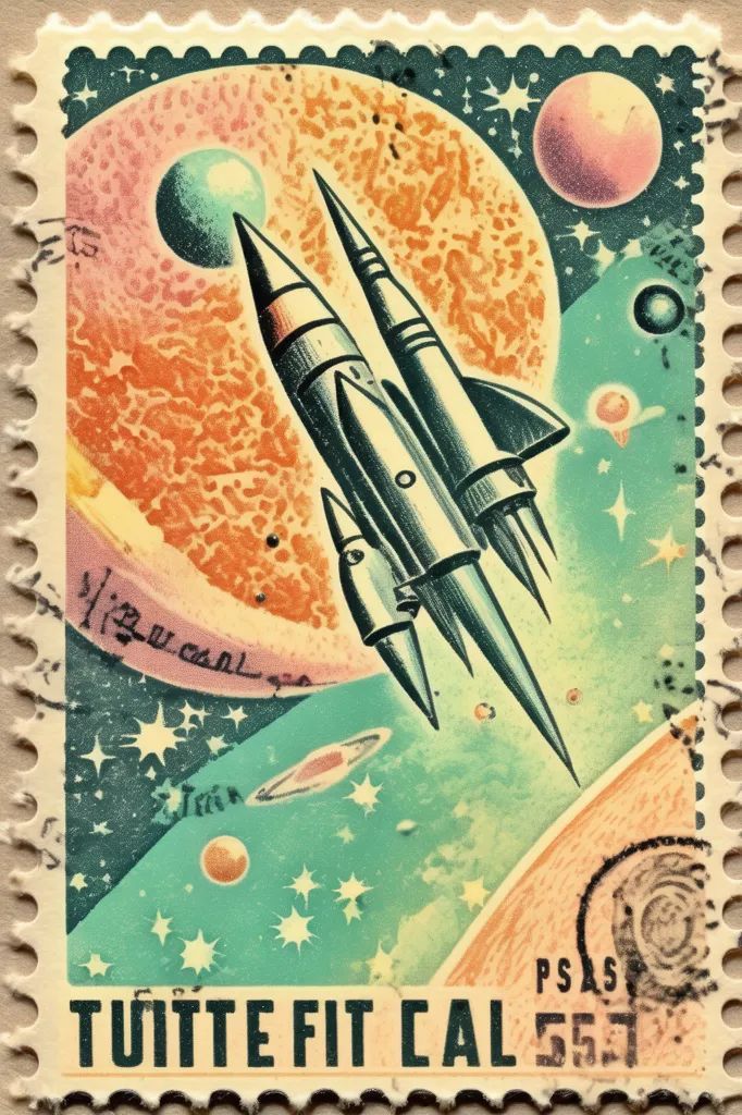 Space-themed postage stamp with rockets, stars, and planets design