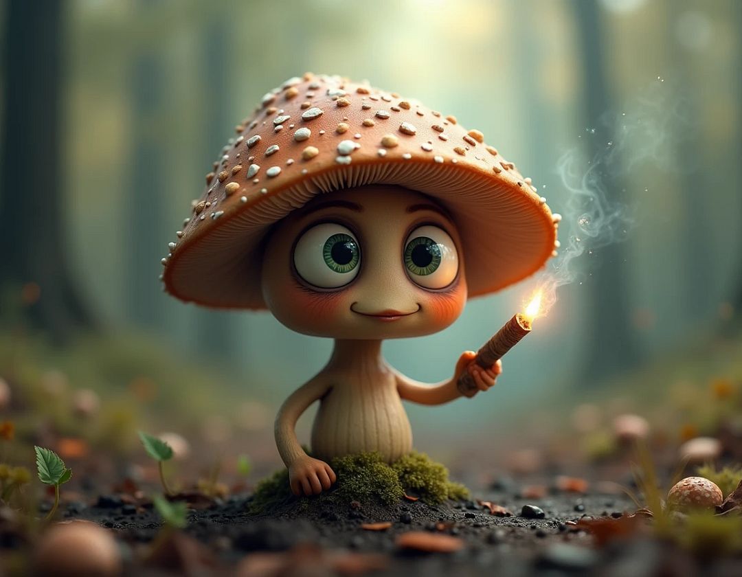 Mushroom with eyes and a cigarette