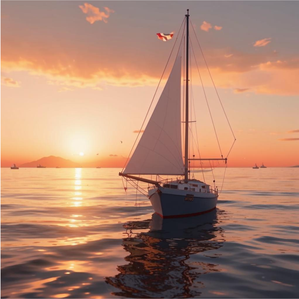 Sailboat at sea. calm. Sunset.