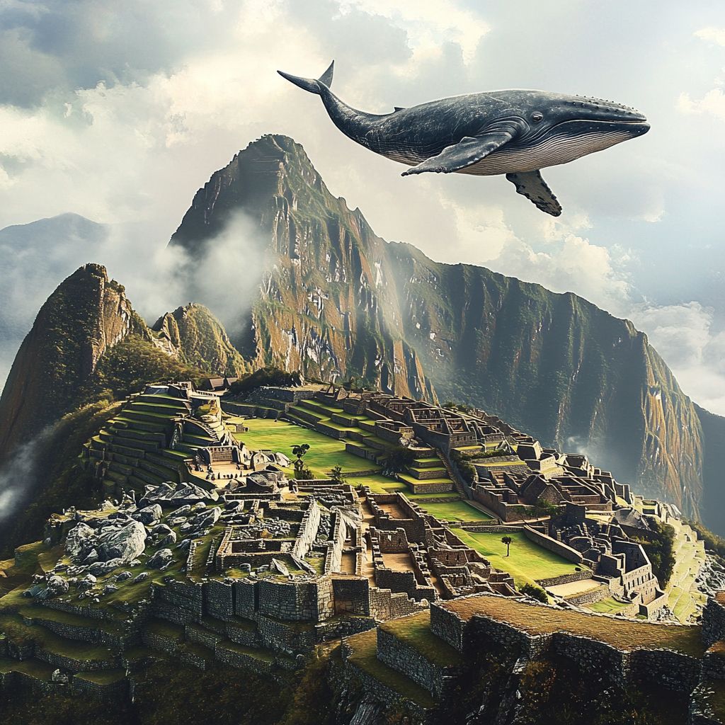 Whale flying over Machu Picchu ruins