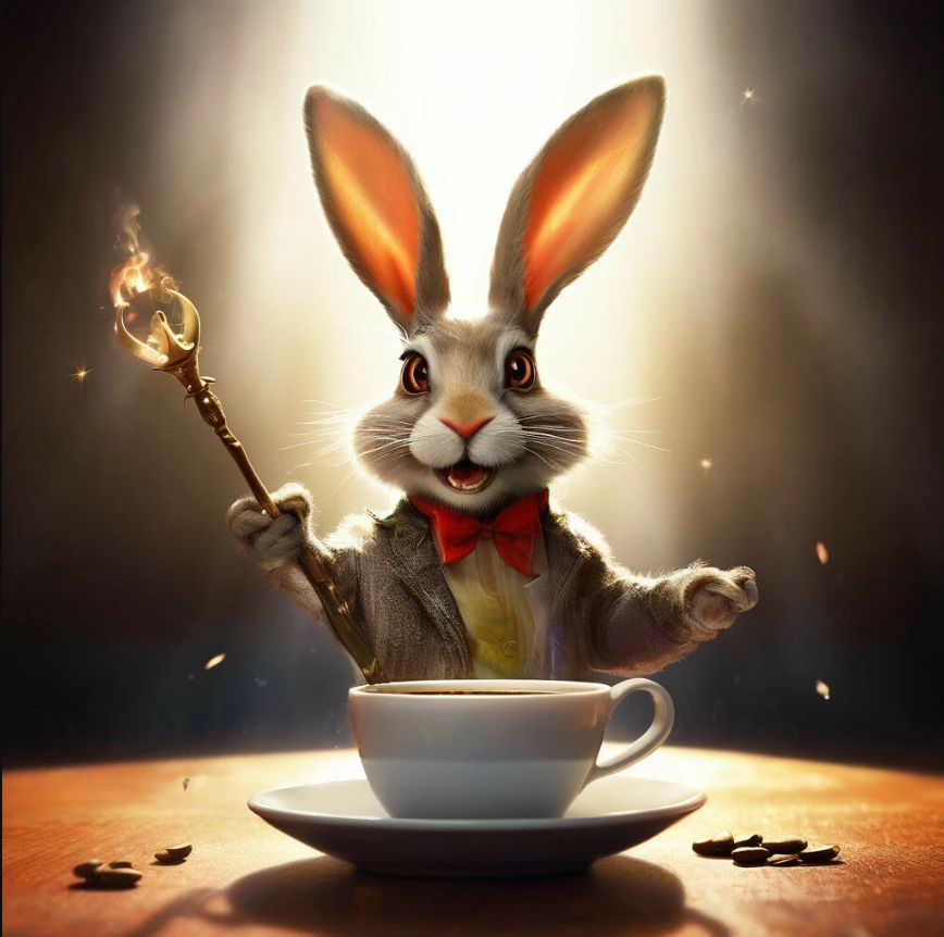 Spooky bunny enjoying a cup of coffee