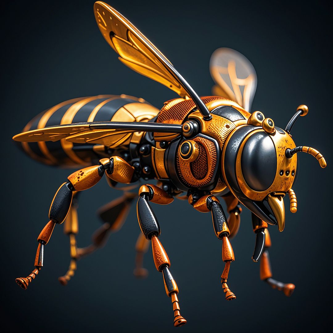 A side face of mechanical bee made of parts in gold and black colors, with detailed texture in a rea... (1)