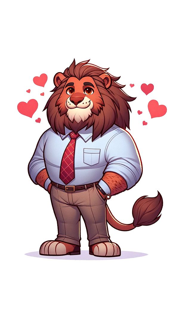 DALL·E 2024-01-26 14.08.37 - Illustration of the same full-body cartoon lion accountant, now themed for Valentine's Day. The middle-aged, robust lion should have a charming and wa