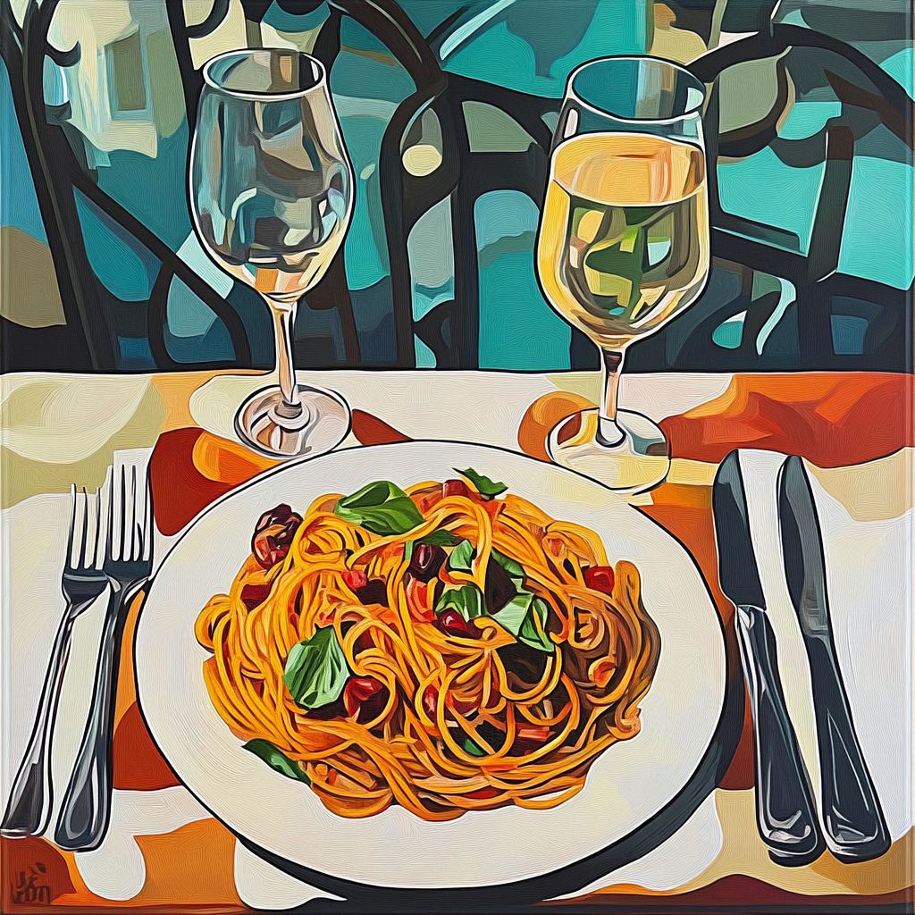 Spaghetti and wine.