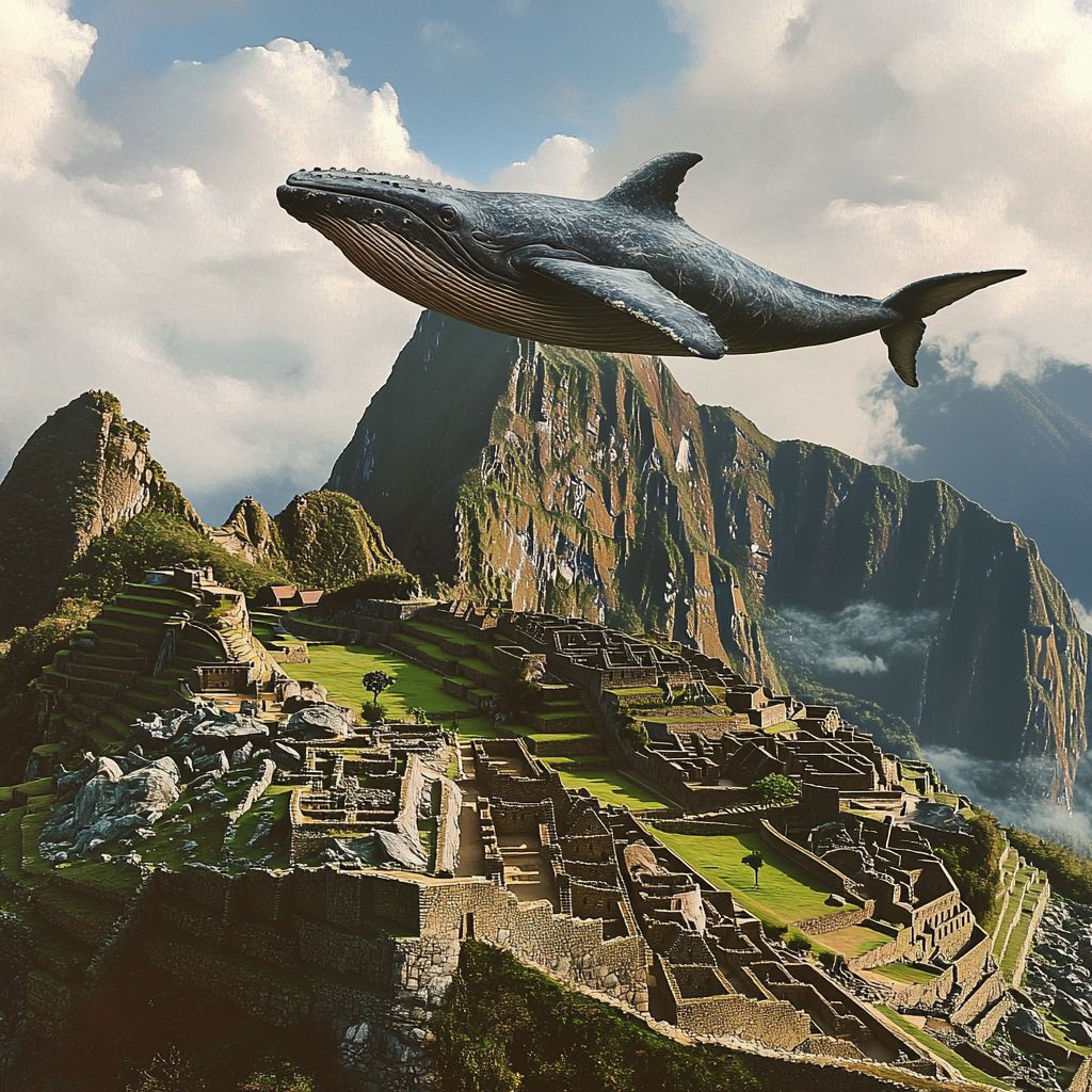 Whale flying over Machu Picchu ruins