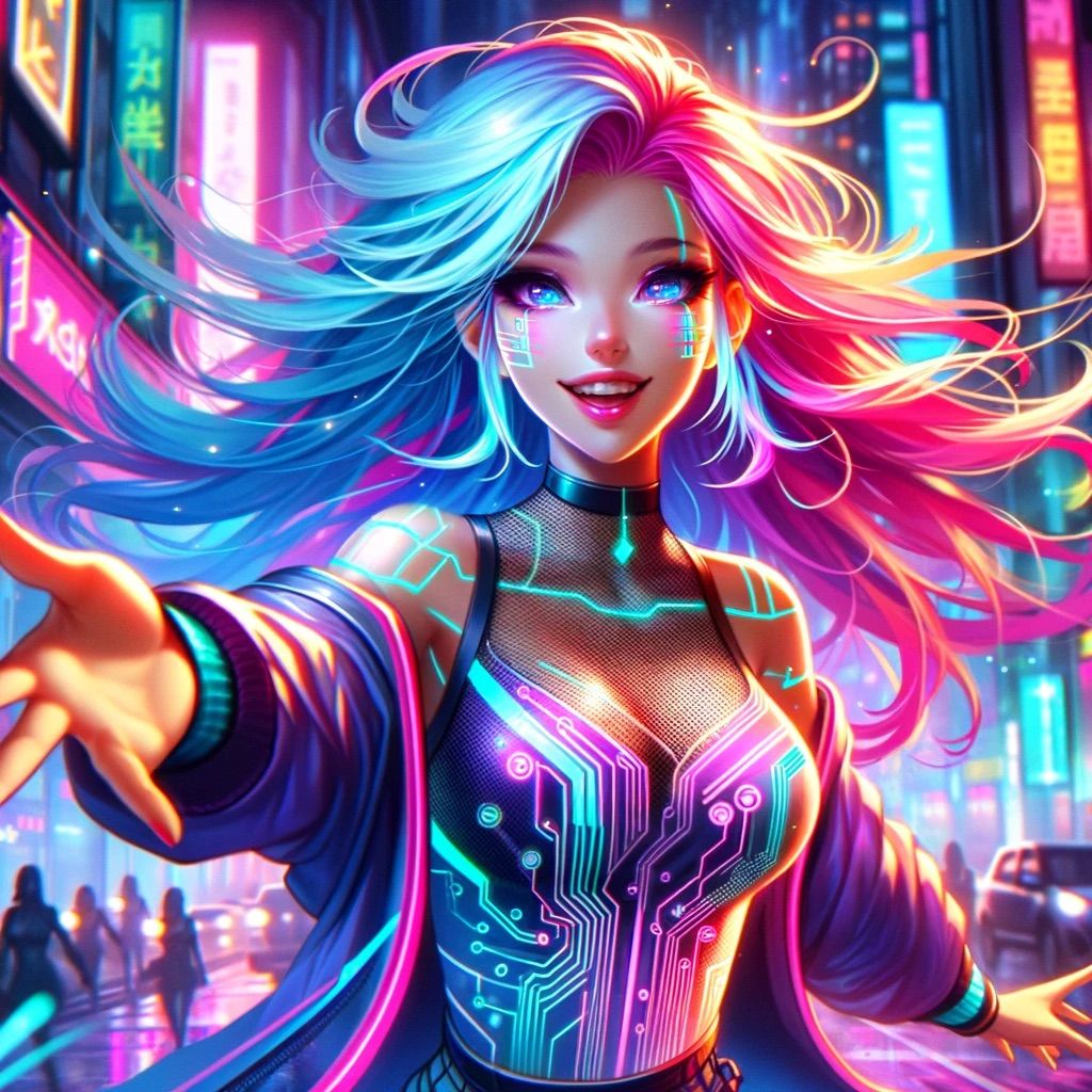 DALL·E 2024-04-14 00.05.32 - Create an illustration of a female character with vibrant multicolored hair, including hues of pink and blue, in a dynamic cyberpunk setting. She has