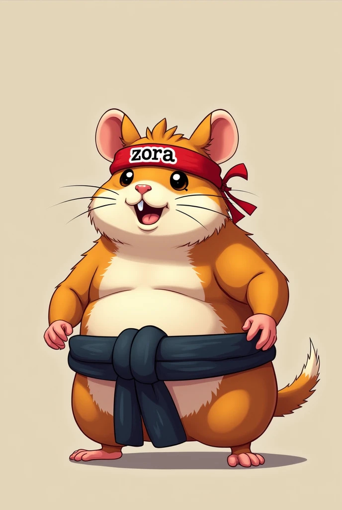 Hamster in sumo wrestler's clothes with a kamikaze headband on his head that says ZORA