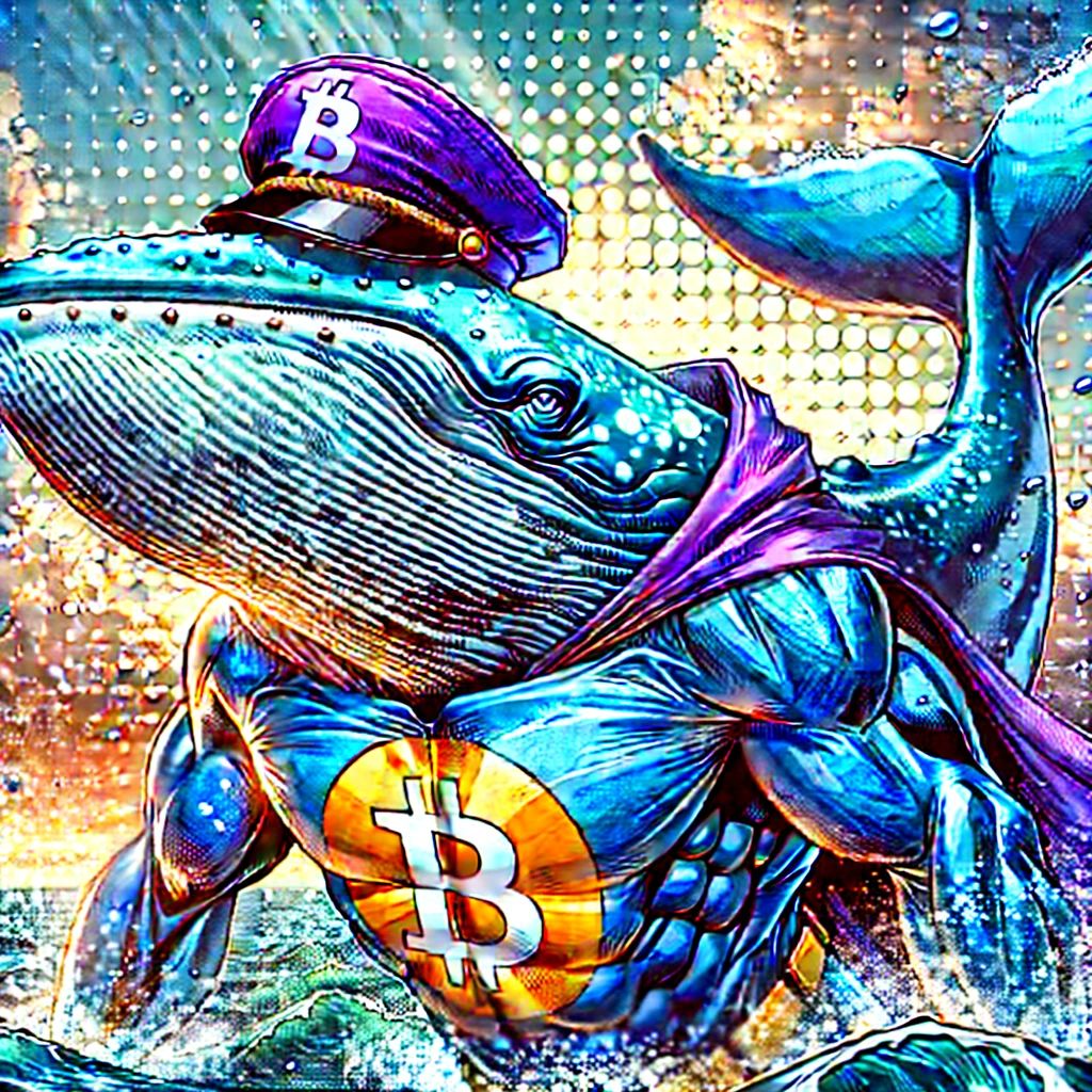 DALL·E 2024-09-30 11.47.05 - A realistic and highly detailed comic book style image of a blue whale, inspired by Marvel comics. The blue whale is wearing a purple hat and has a Bi