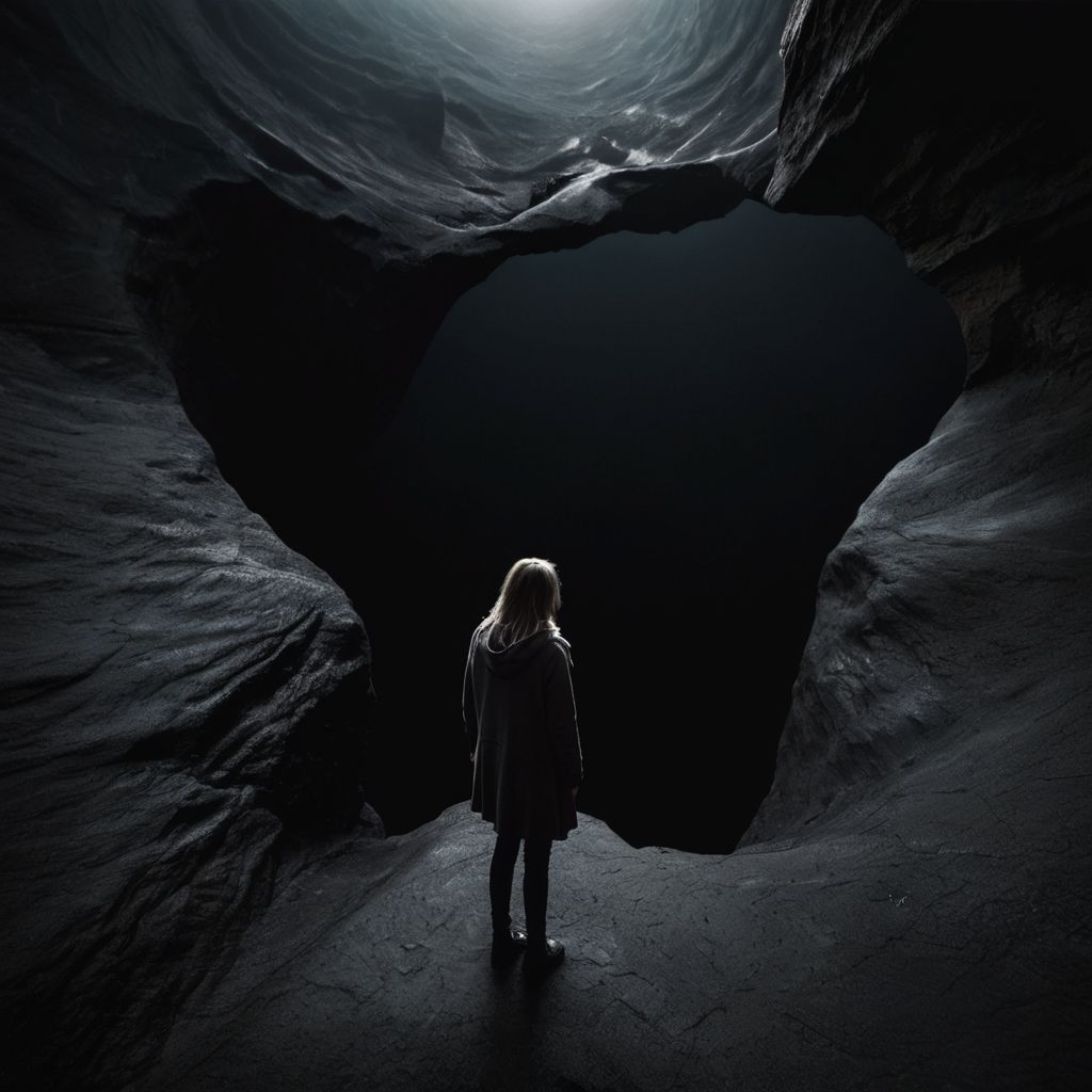 A person standing at the edge of a dark abyss