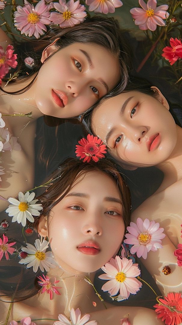 Asian women inside tub full of flowers