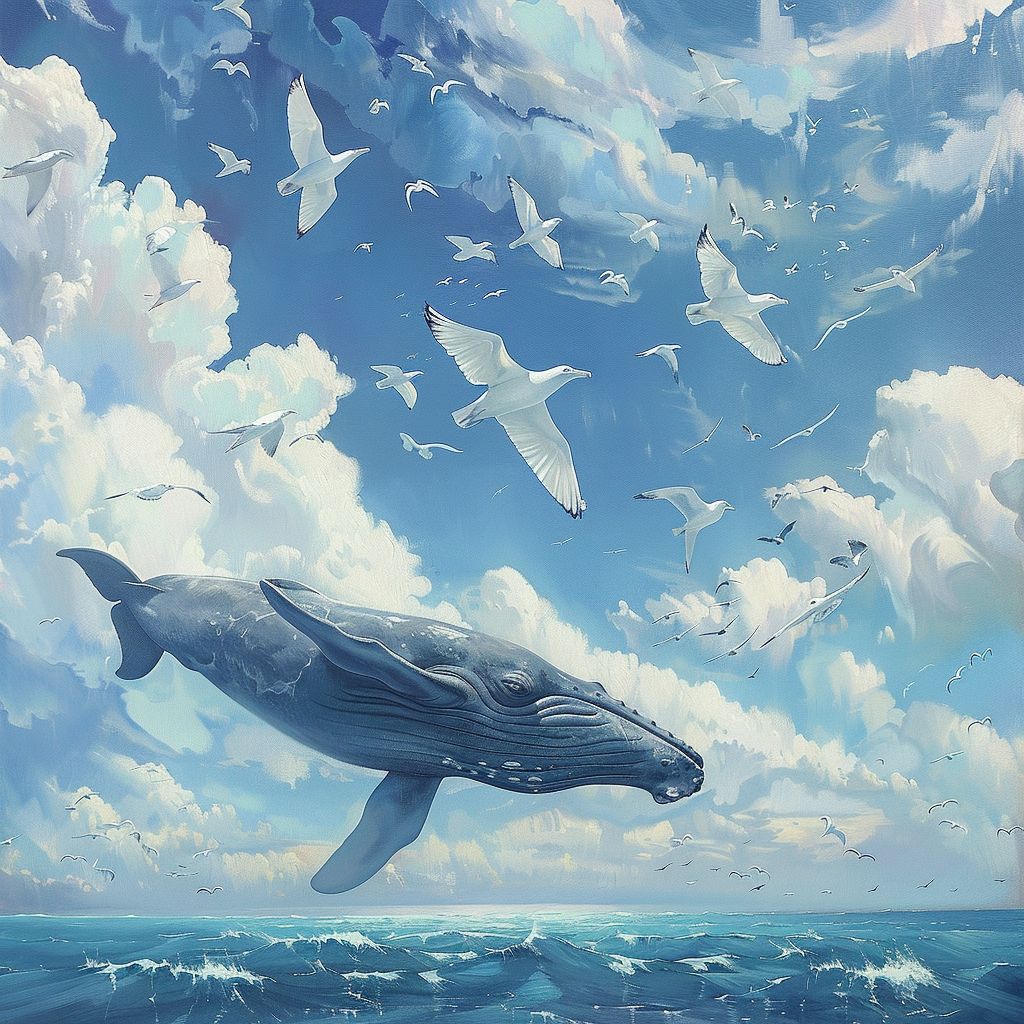 Flying whale and seabirds