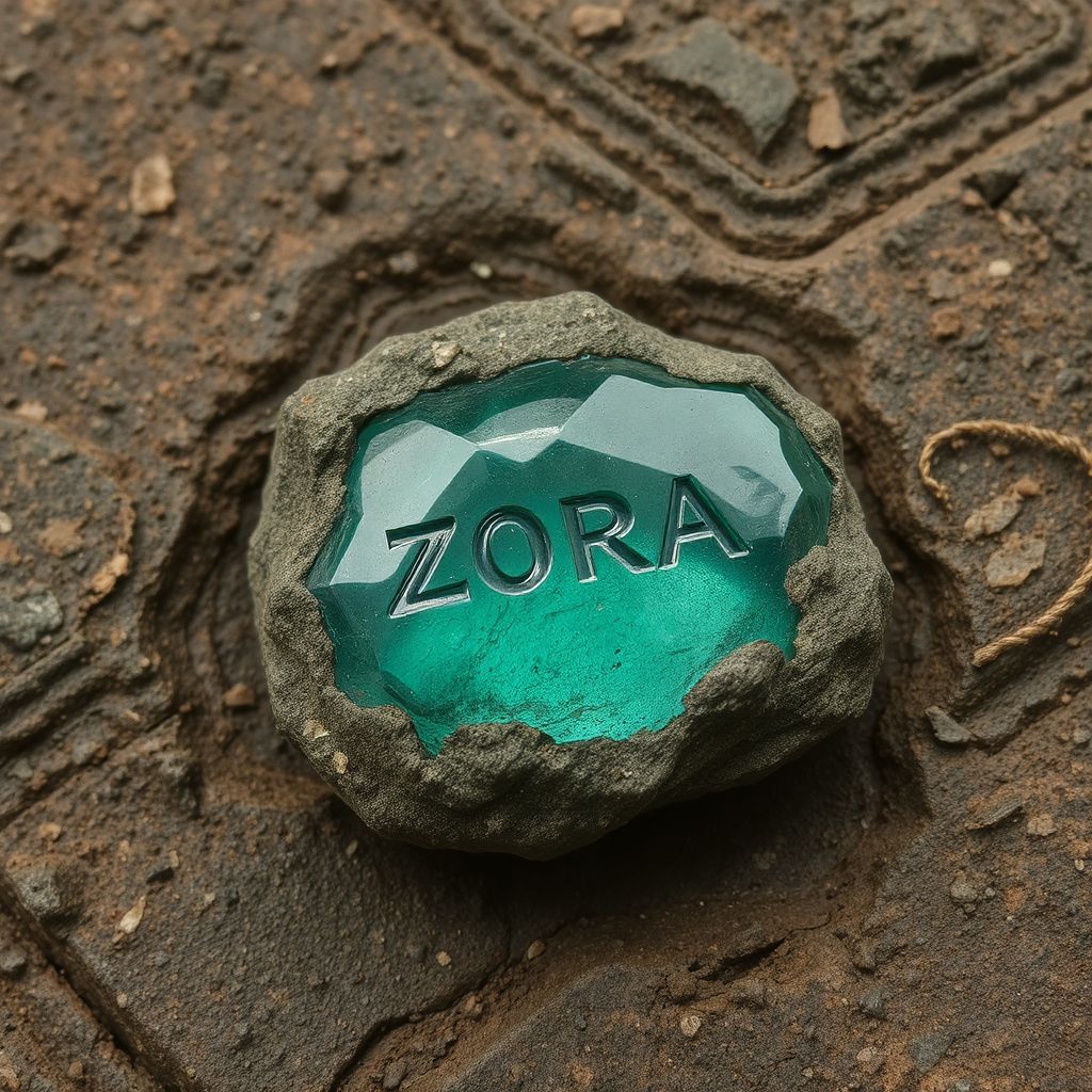 ZORA inscription on emerald stone