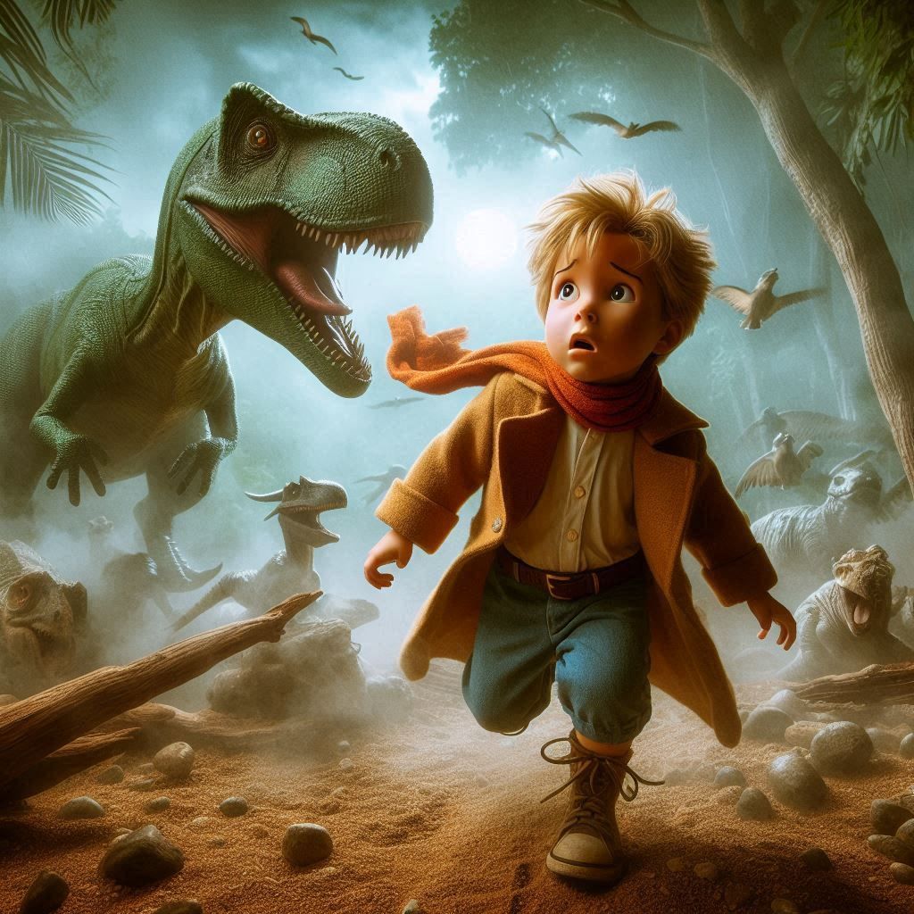 The little prince afraid and runs a way  in jurasic era