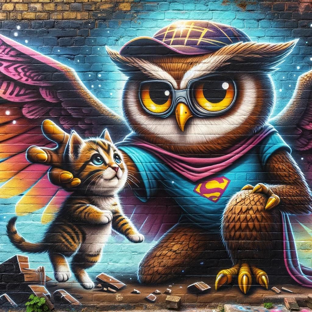 A_heroic_graffiti_owl_saving_a_little_kitten_from_