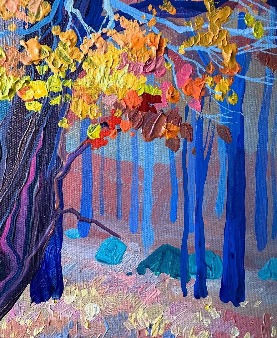 🍂🎨 Autumn is the time when nature shows its greatness, and beeches are especially captivating with their beauty. Their mighty trunks and bright golden crowns fill the forest with magic and warmth. In this painting, done with acrylic on canvas (50x60 cm), I wanted to capture the majesty and mystery of the beech, which I named “King of Beeches.”