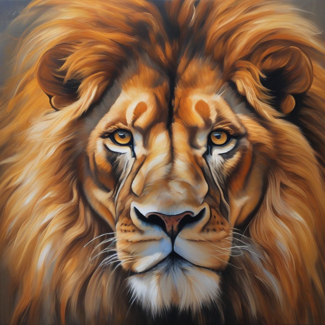 An intricately detailed oil painting of a majestic lion, each stroke of the brush capturing the wild beauty and strength of the animal. The golden mane flows with vibrant energy, expertly blending warm oranges and deep browns. The piercing eyes seem to gaze directly at the viewer, full of intensity and pride. This stunning portrait is a testament to the artist's skill and attention to detail, bringing the noble creature to life on canvas.