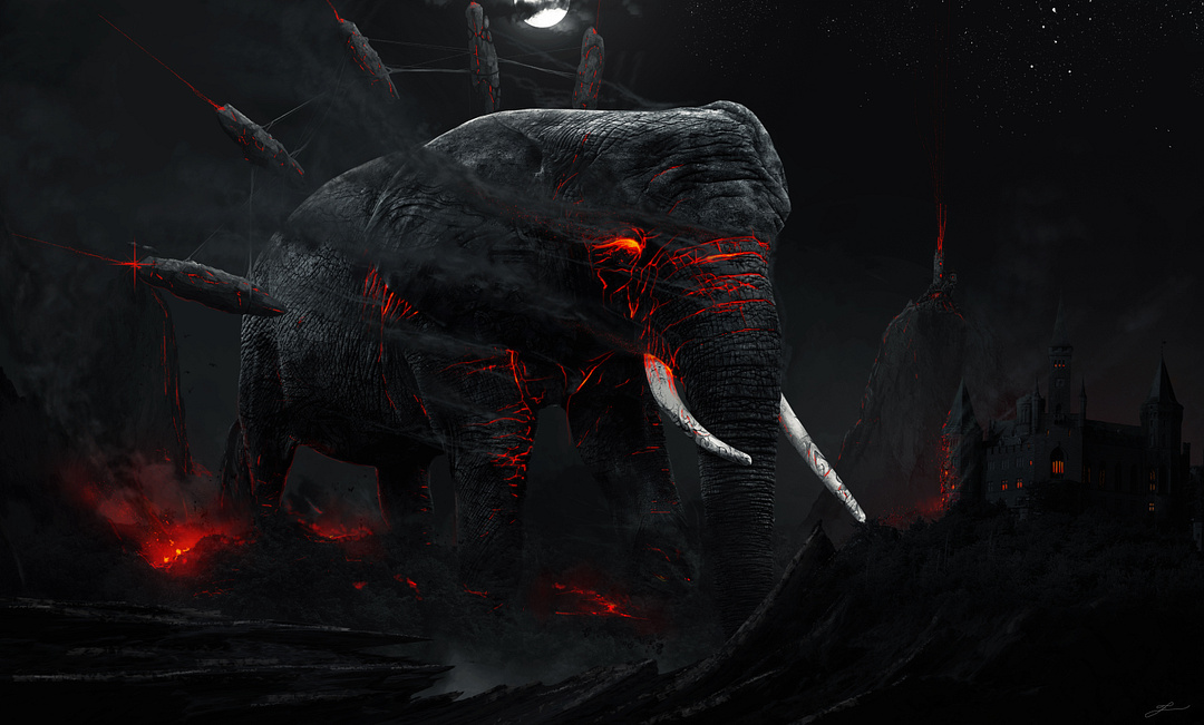 2017Fantasy_Big_black_elephant_with_magma_inside_in_a_ruined_city_118759_