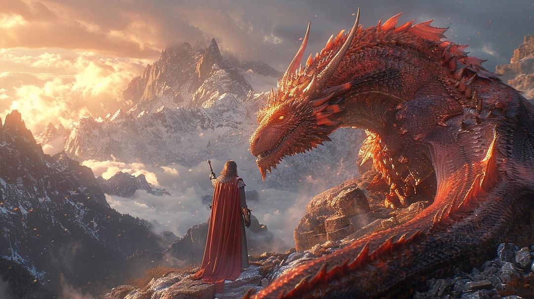 a valiant knight and a fearsome dragon atop a windswept mountain peak