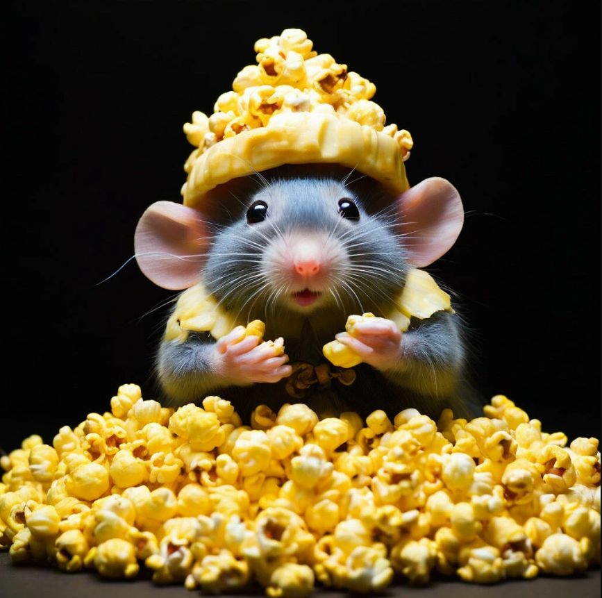 Little mouse enjoying cheese popcorn