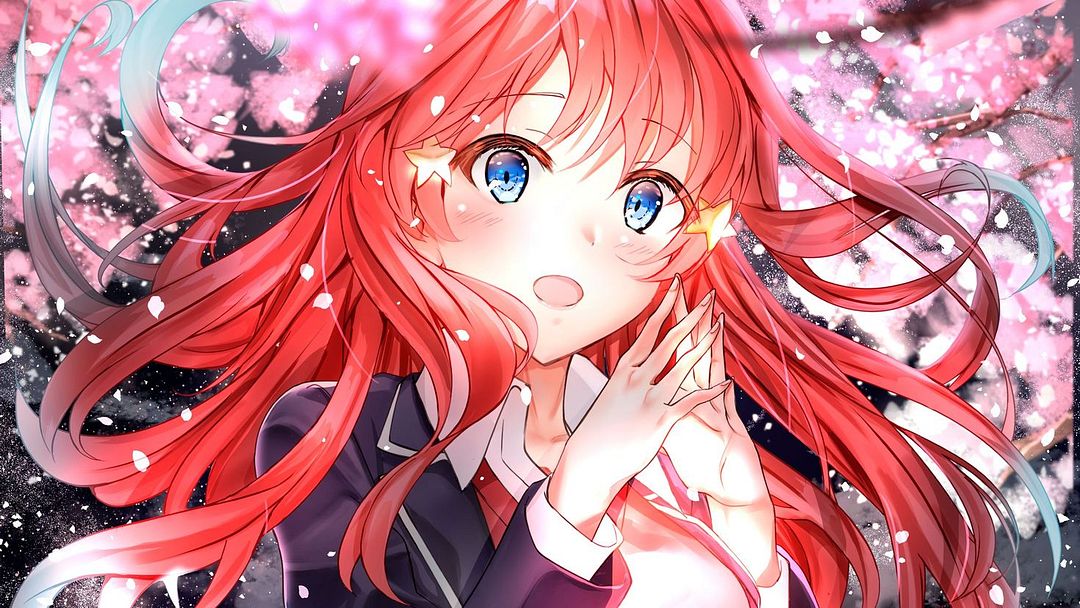 Red hair anime girl blue eyes with stars