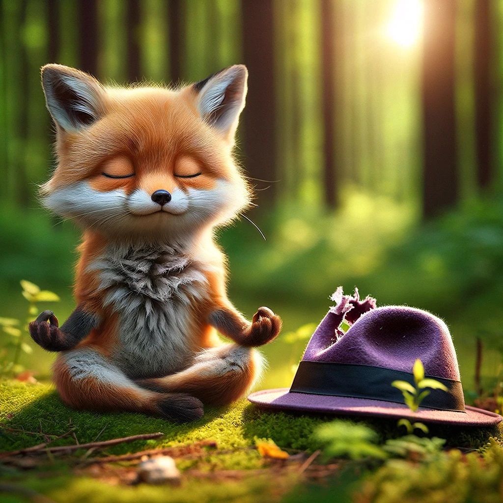 DALL·E 2024-04-25 17.23.24 - A small, cute fox is in a tranquil forest clearing practicing yoga, with eyes closed in meditation and paws together in a pose of inner peace. The fox