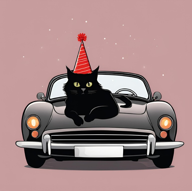 Cat wif hat in sports car