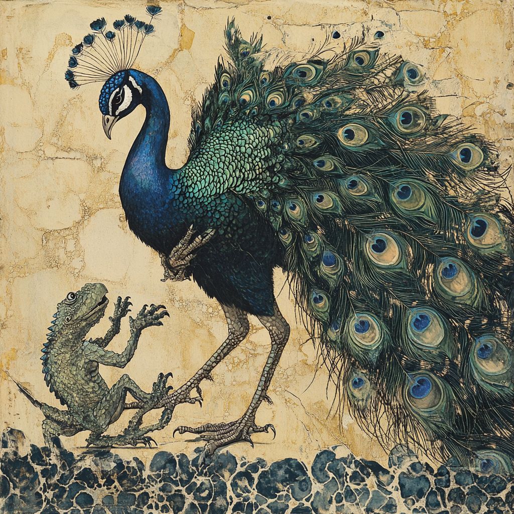 Peacock and lizard