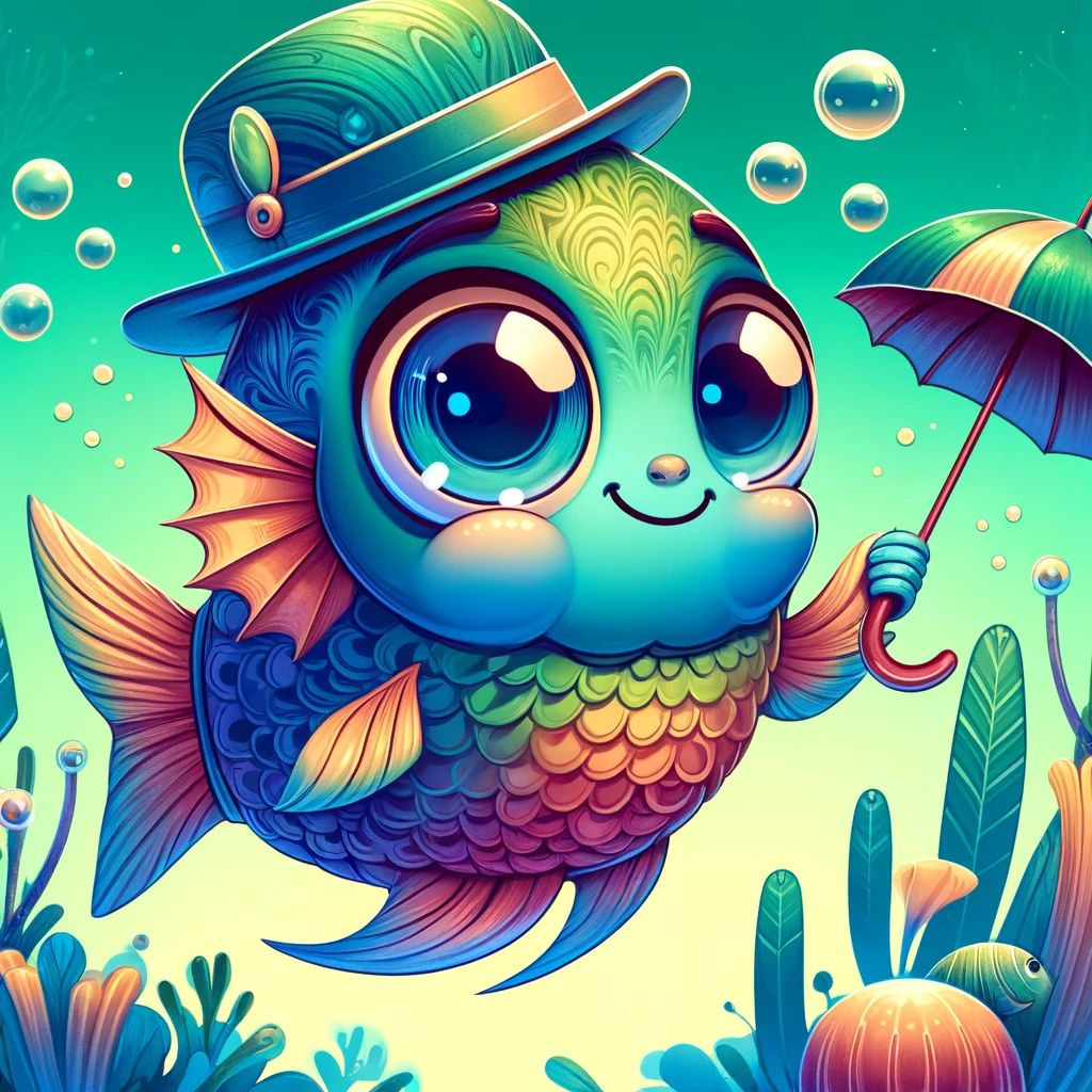 DALL·E 2024-04-08 13.46.02 - A whimsical and colorful character illustration of a fish, anthropomorphized with playful features and expressions. This character is wearing a tiny h