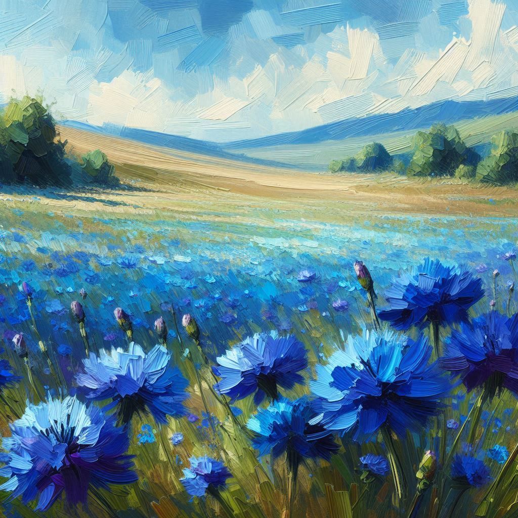 A wide field full of vivid blue flowers in full bloom in the foreground