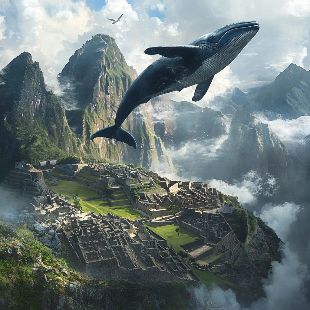 Whale flying over Machu Picchu ruins